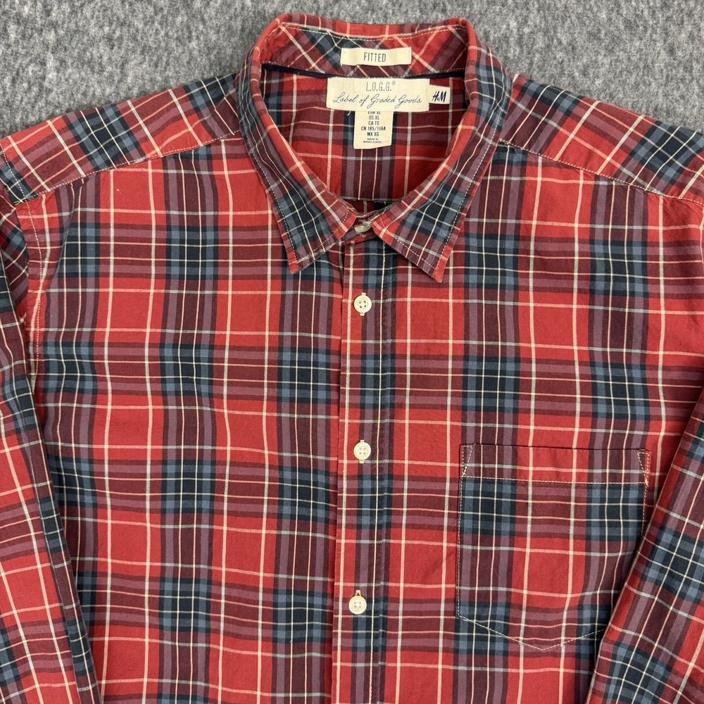 H&M L.O.G.G Plaid Button Up Cotton‎ Red Blue Mens XL Fitted Shirt